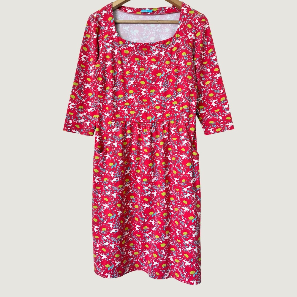 J. McLaughlin Red Floral Square Neck 3/4 Sleeve Pocket Shift Dress Small
